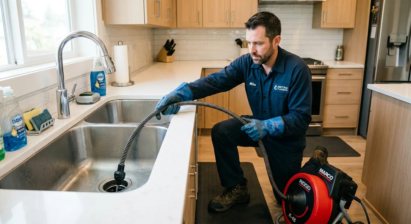 Drain cleaning technician using a motorized snake on a kitchen sink in Bull Mountain