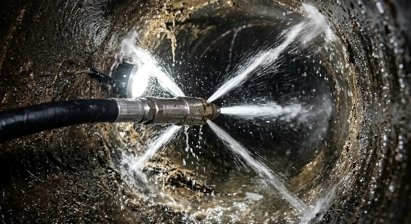 High-pressure hydro jetting nozzle cleaning sewer pipe for Sewer Cleanout in Bull Mountain