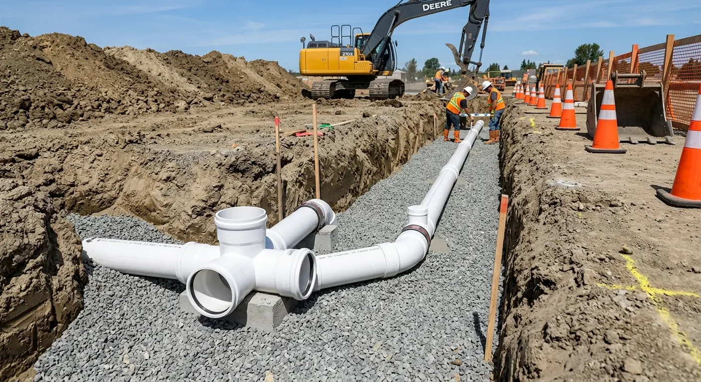 New PVC sewer pipe installation in open trench for Grease Trap Cleaning in Bull Mountain