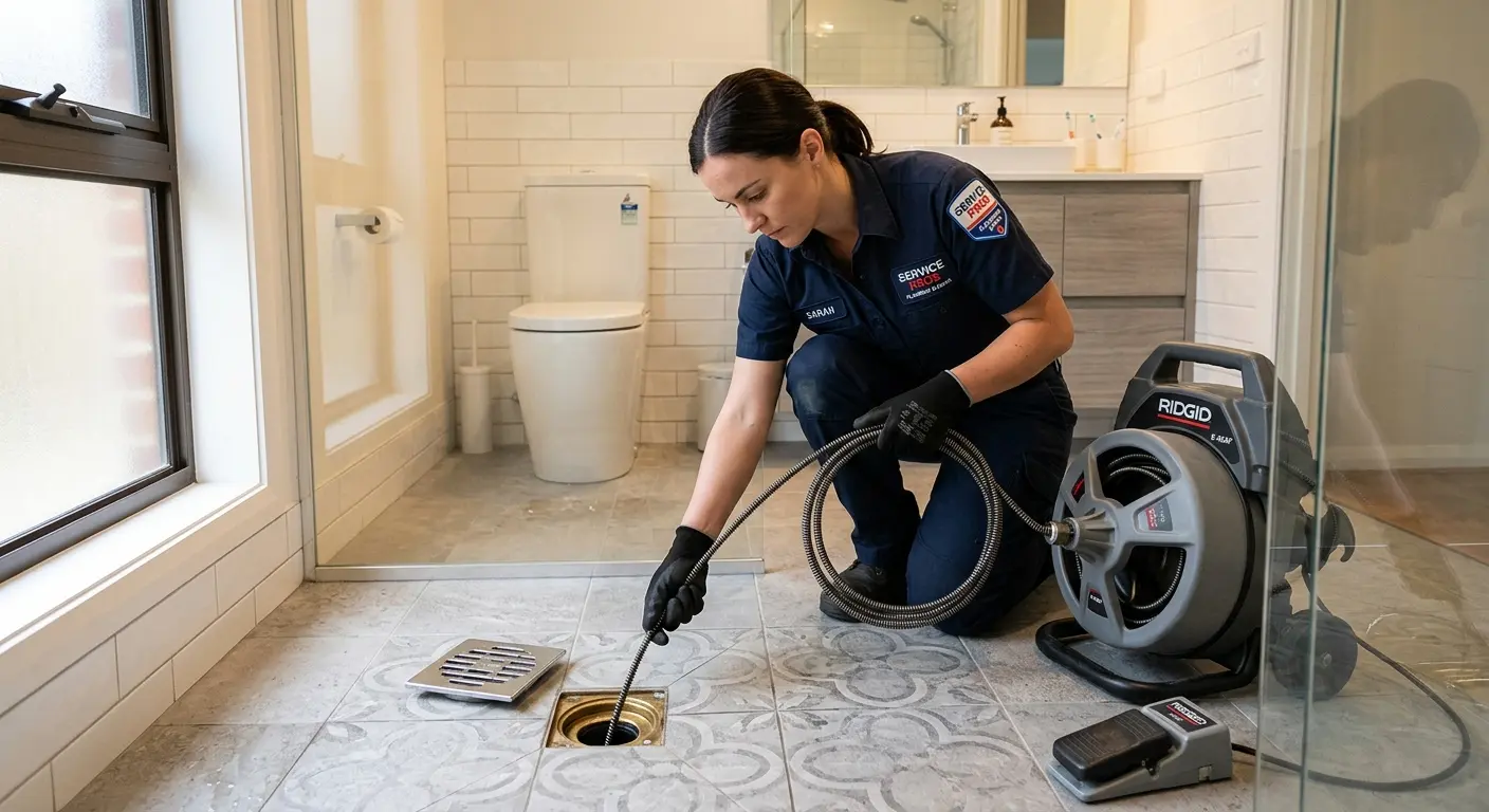Technician clearing a bathroom floor drain for Hydro Jetting in Bull Mountain